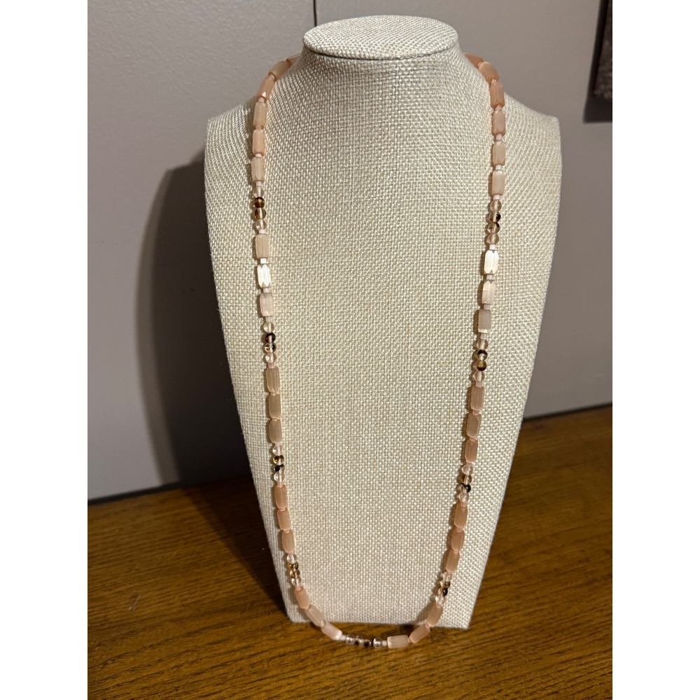 Vintage Beaded Strand Necklace Peach Amber Rectangle Beads Barrel Clasp 28in